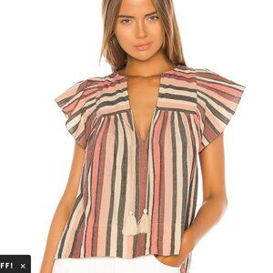 Ulla Johnson Amba Top Pink Rosewood Striped Ruffle Sleeve V Neck Blouse